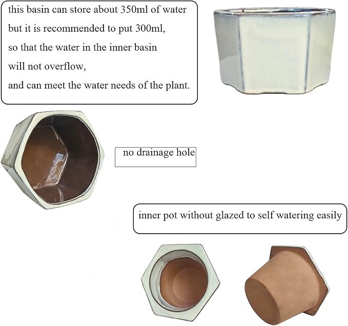 African Violet Pots 6 inch Hexagon Self-Watering Ceramic Violet Pots 4.50'' Opening (Cream White)
