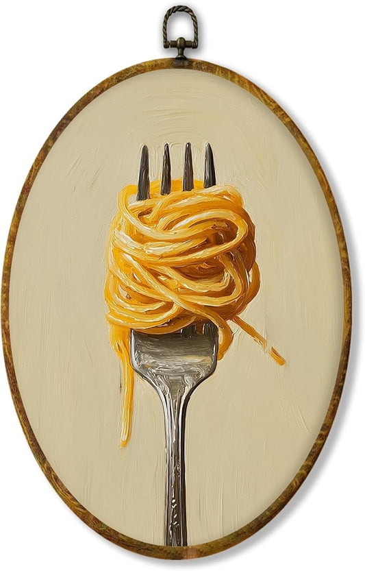 Hiuwevt Modern Kitchen Oval Wall Art Decor, Neutral Kitchen Spaghetti and Fork Framed Canvas Prints, Gifts for Pasta Lovers Oval Wall Hanging Decor for Dining Room Decorations, 8.6x11.4 Inches
