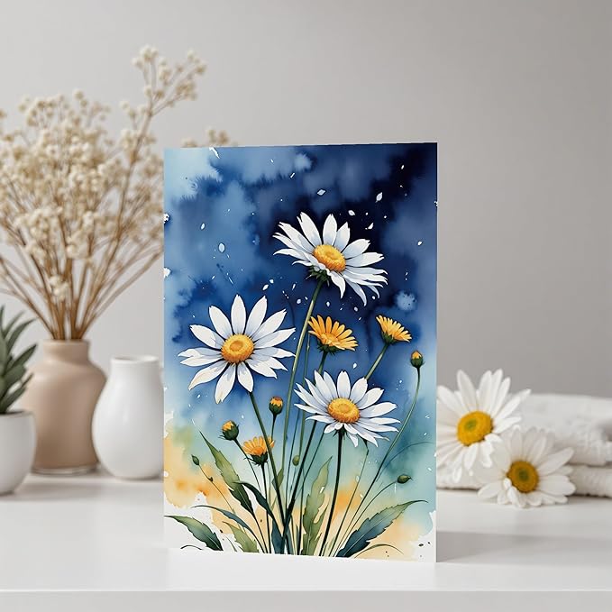 Elegant Blank Inside Greeting Card with Envelope, 5x7 Inch Watercolor Daisy Greeting Card for All Occasions - Birthday, Sympathy, Thank You - Single Card
