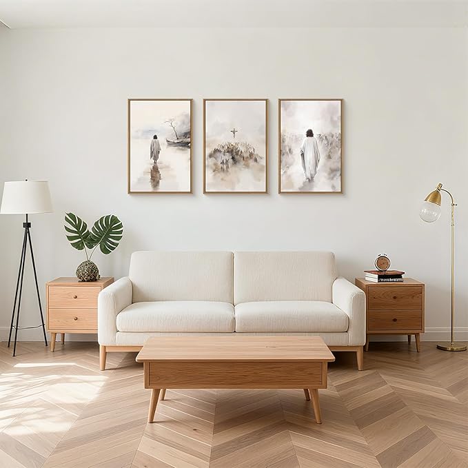 Jesus Walking on Water Canvas Wall Art,Boho Jesus Crucified Framed Wall Decor,Religious Christian Artwork,Holy Gathering Art Print for Living Room,Bedroom,Office-16 x24 x3