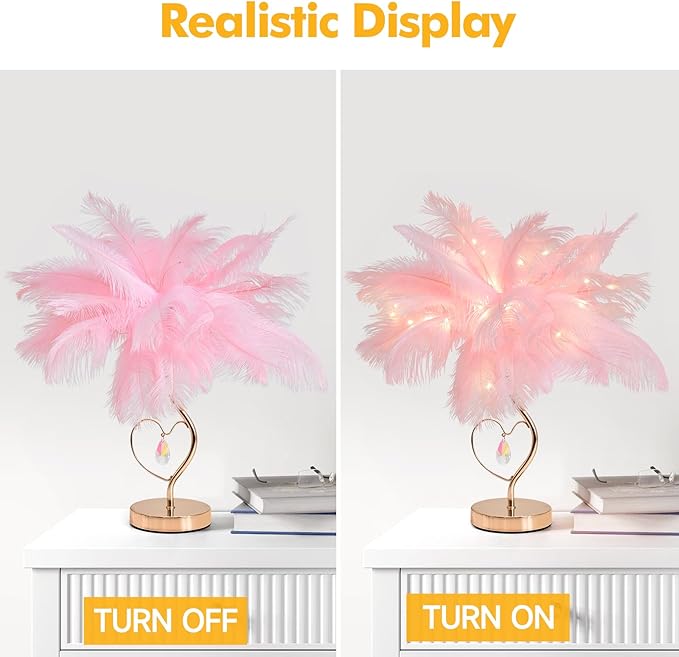 Pink Ostrich Feather Lamp Creative Furry Bedside Lamp Romantic Feather Table Lamp Fluffy Nightstand Light for Girl Bedroom Wedding Decor Valentines Dating Livingroom Hotel Office Christmas