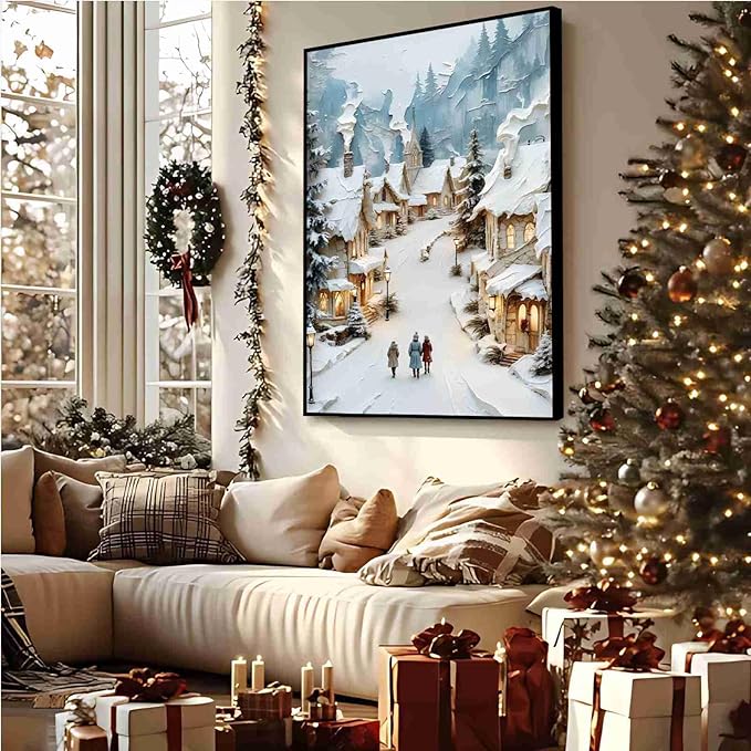 Christmas Winter Painting Snowy Village Street Festive Landscape Print Holiday Church Wall Decor Winter Cottagecore Canvas Painting Indoor Decor for Living Room Bedroom Office Framed Ready to Hang