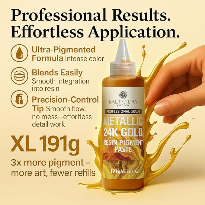 Metallic 24K Gold Epoxy Resin Pigment Paste XL (191g/6.7oz) – Opaque Epoxy Dye & High Concentration Coloring Paste, Mica Powder Alternative for Resin Art, Jewelry, Tumblers, River Tables