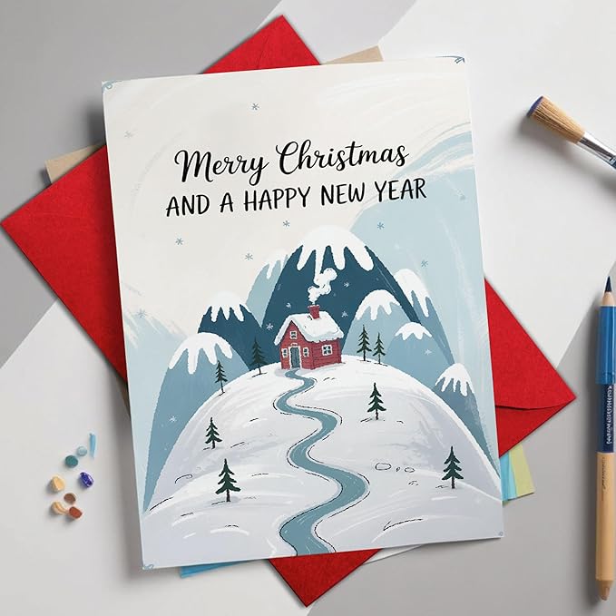 (5.3x8in) Merry Christmas and a Happy New Year Card, Cozy Winter Cabin in Snowy Mountain Design, Classic Holiday Greeting for Family, Friends, Coworkers, or Neighbors Card with Envelope (Xmas New)