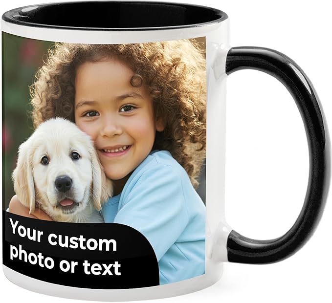 Personalized Mug, Custom Ceramic Mug with Photo and Text, 11oz, Pack of 1, Glossy Coffee Cup, Perfect for Christmas, Secret Santa or as Holiday Gift for Family or Friends, White/Solid Black