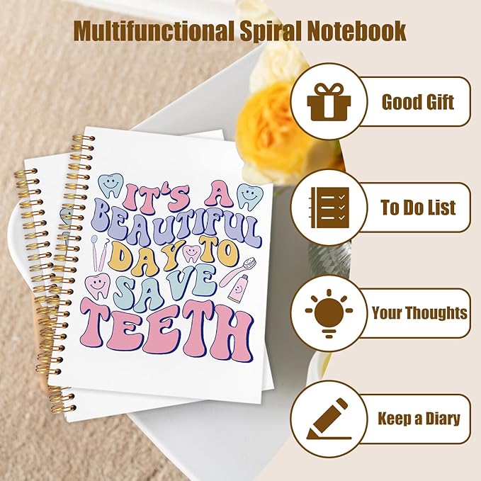 Dentist Gifts Notebook, Dental Hygienist Assistant Gifts Journal, Groovy It's A Beautiful Day To Save Teeth Spiral Notebook Journal for Note Taking, Dental Office Supplies, 5.5x8.3 Inch