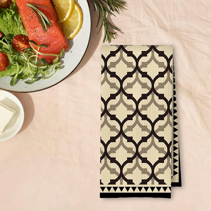 Beige and Brown Moroccan Kitchen Towels, Boho Abstract Dish Tea Towels for Kitchen Decor, Retro Mid Century Modern Hand Towel for Bathroom Decor, 16x24 Inches
