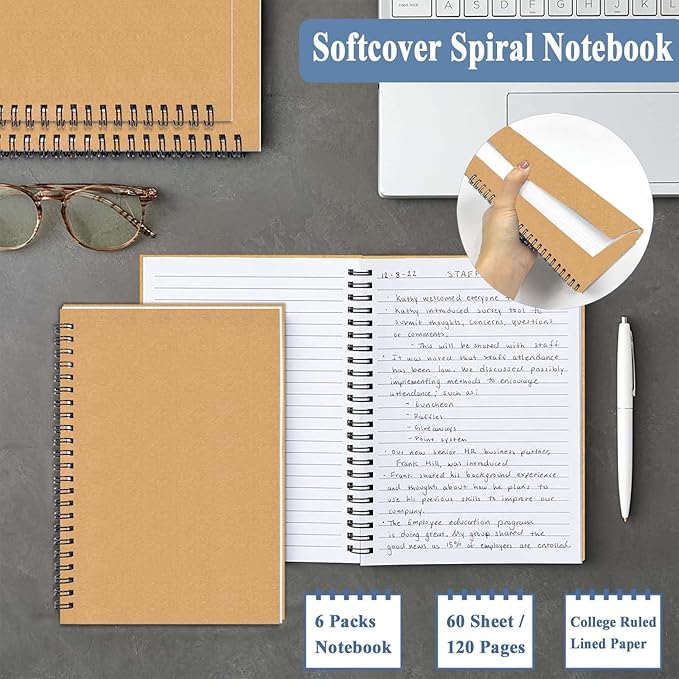 GINMLYDA Small Spiral Notebook A5, 6Pack 120 Lined Pages 8.25x5.5 Inches Brown Spiral Journal Kraft Cover Notebooks & Writing Pads for School Home Office Aesthetic Sketch Drawing Note