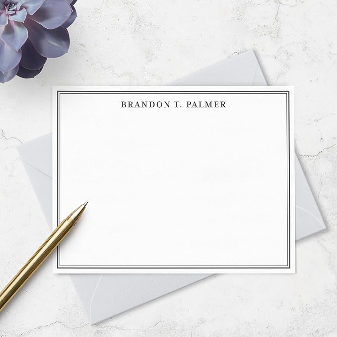 Personalized Note Cards Stationery for Men with Name and Line Border - Custom Stationary Set with Envelopes - Flat A2 Custom Notecards, Choose Your Colors and Set Size (Double Border Classic Font)