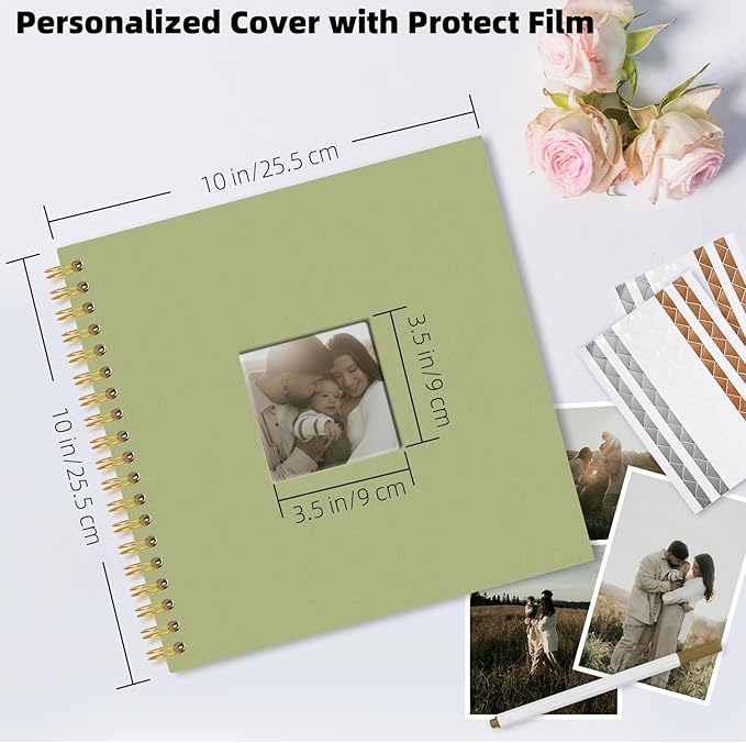 Vienrose 10 x 10 Inch Scrapbook Photo Album, Linen Hardcover Photo Book with 80 White Pages, DIY Memory Book Kit with Accessories for Wedding, Baby Shower, Travel, Christmas (LightGreen, 40 Sheets)
