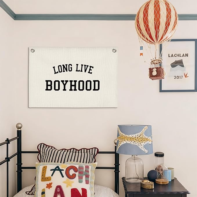 Nursery Decor Wall Art,Long Live Boyhood,Minimalist Black and White Linen Banner Print Decor Hanging for Kids Boys Toddler Nursery Room Bedroom Playroom, 30X20 Inch