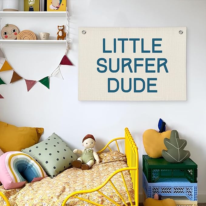 Coastal Summer Beach Surf Decor, Boys Beach Room Decor Aesthetic, Little Surfer Dude Linen Banner Wall Hanging Banner Flag 20x30 Inch