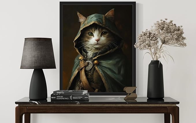 Robinhood Cat Art Poster Print, Cat Kitten Painting Humor Portrait Pet Artwork Decor Gallery A8 (Robinhood Cat, 8 x 10 inches, Black Frame)
