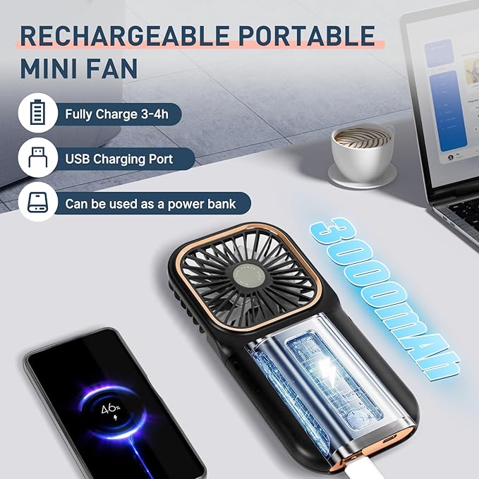 FADACHY Portable Fan,Rechargeable Personal Fan, 3000mAh Battery Operated Cooling 3 in 1 Electric Fan for Travel Camping