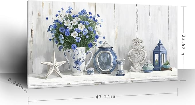 Nicetop Large Coastal Wall Art – Blue and White Floral Artwork, Rustic Farmhouse Canvas Prints with Flowers, Lantern and Ceramics Vintage Country Cottage Picture for Living Room Bedroom Kitchen 48x24 Inch