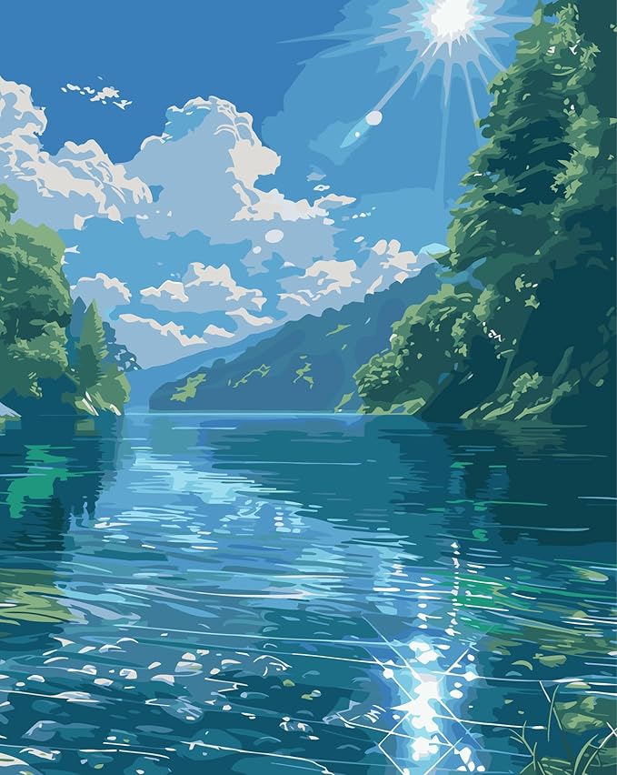 JYXSJYYD Paint by Numbers Kit for Adults Beginner,River Forest Sky Paint by Number Kits Canvas Without Framed,DIY Acrylic Oil Painting Adults Paint by Numbers Kits for Home Wall Decor 16x20 Inch