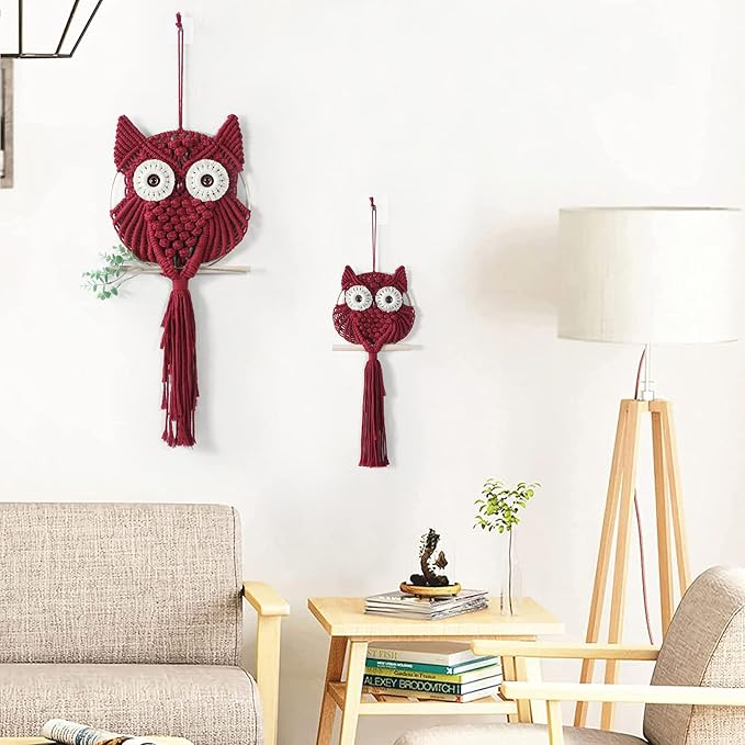 MVSUTA Owl Burgundy Cotton Handmade Macrame Wall Hanging Tapestry Home Decor Art and Red Craft Wonderful Decoration Woven Boho Ornament for Office Bedroom Apartment Living Nursery Gallery,2pcs set:1pc