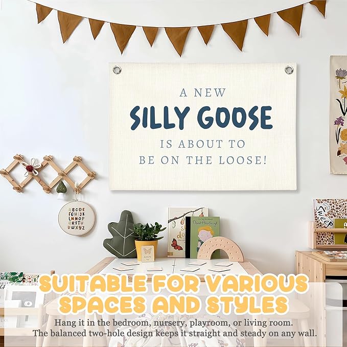 Silly Goose Kids Room Decor, A New Silly Goose Linen Canvas Banner, Blue Goose Nursery Wall Hanging for Boys Girls Room, Playroom Decor Banner Nursery Wall Art Boy Playroom Decor, 30x20 Inch
