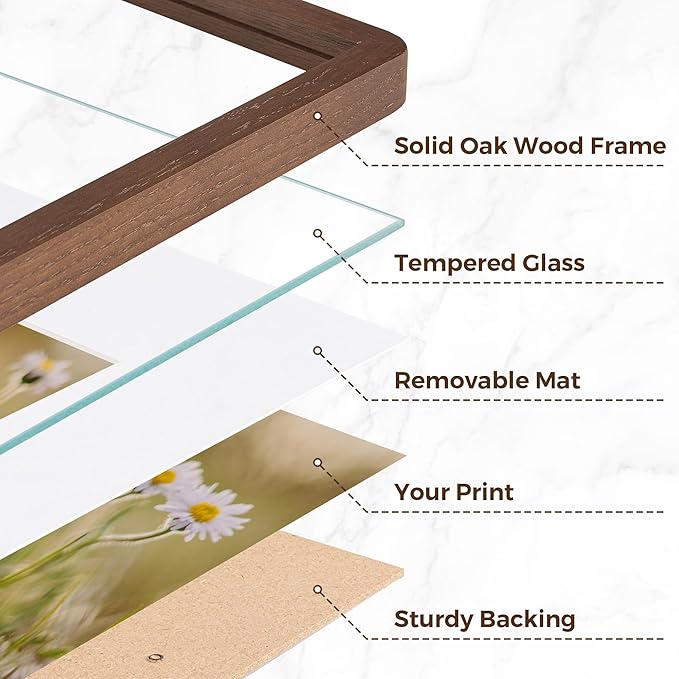 16x20 Picture Frame for Wall, Solid Oak Wood 16 by 20 Frames, 16 x 20 Poster Frame with Tempered Glass, 16x20 Frame Matted to 11x14, 16"x20" Wood Frame for Home Decor, Walnut Color, 1 Pack