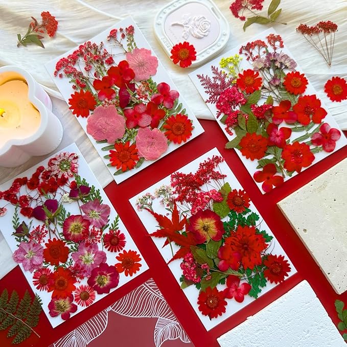 88Pcs Red Dried Pressed Flowers for Resin Molds, Assorted Real Natural Bulk Dry Floral Leaves for DIY Art Crafts, Epoxy Jewelry, Candle, Soap Making, Nails Decors