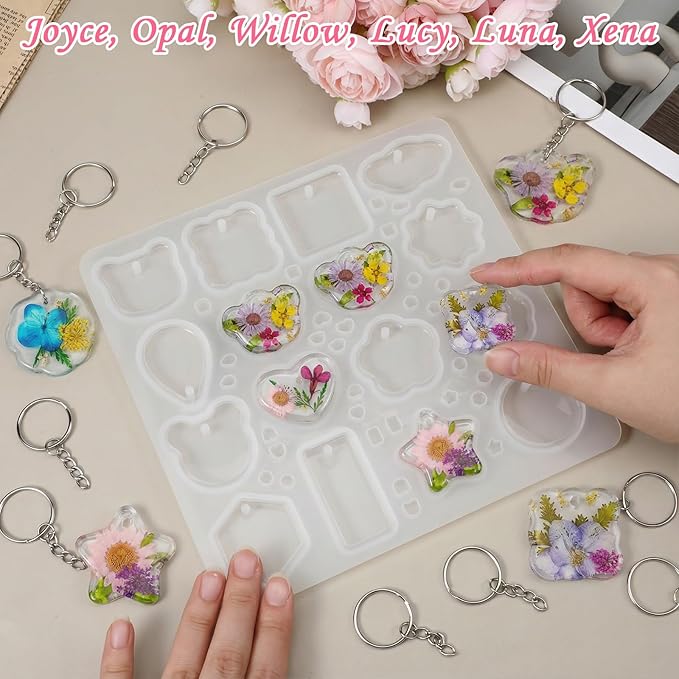 Keychain Resin Molds with Hole Resin Jewelry Pendant Mold Silicone Mold Set with 8 Keychains 16 Cavities Jewelry Molds for Beginner DIY Crafts Keychain Charm Pendant Jewelrys Making