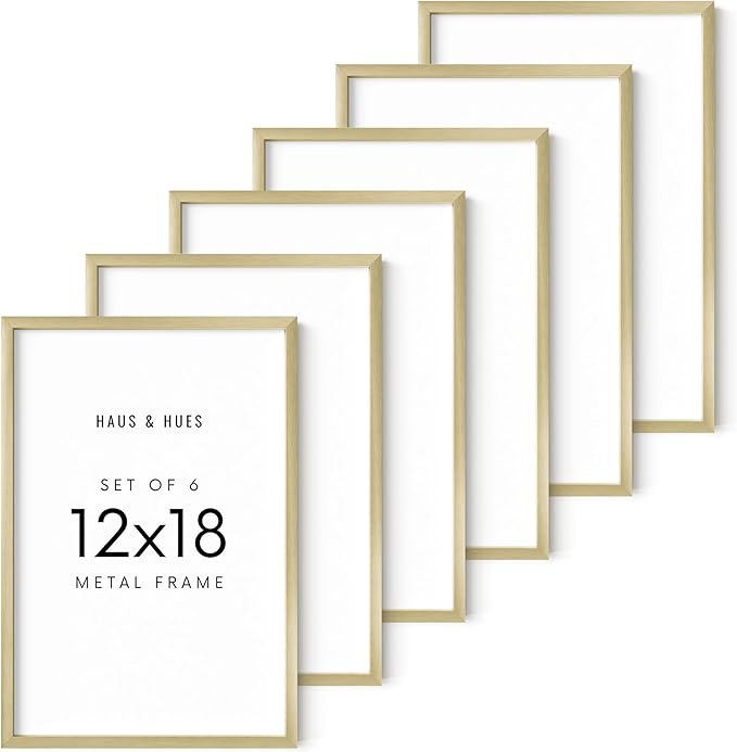 HAUS AND HUES 12x18 Gold Metal Picture Frames - Premium Aluminum with Hanging Hardware, Shatterproof Plexiglass - Perfect for Home or Office (12x18 in, Gold, Set of 6)