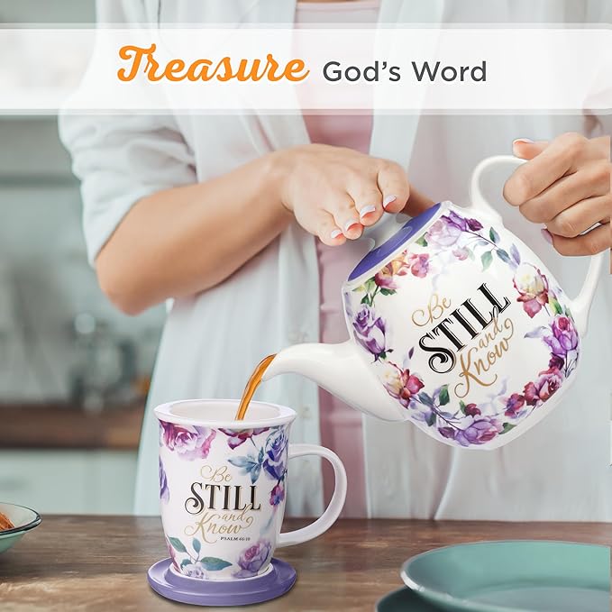 Christian Art Gifts Women's White Ceramic Teapot for One: Be Still and Know - Psalm 46:10 Inspirational Bible Verse, Novelty/Vintage Purple Rose Flower w/Golden Foil for Hot & Cold Liquids, 32 oz.