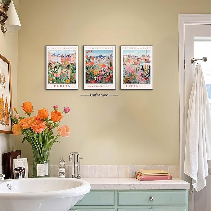 XLARTMY Flower Market Wall Art Prints Canvas Orange and Pink Floral Paintings Colorful Botanical Travel Flower Posters for Home Decor Pictures Set of 3 for Living Room Bedroom 12x16in Unframed