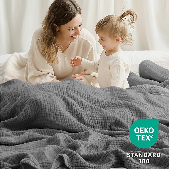 100% Cotton Muslin Blanket 40" x 40", Breathable and Lightweight Cotton Throw Blankets, Soft Cooling Summer Gauze Blanket for All Season, Dark Grey