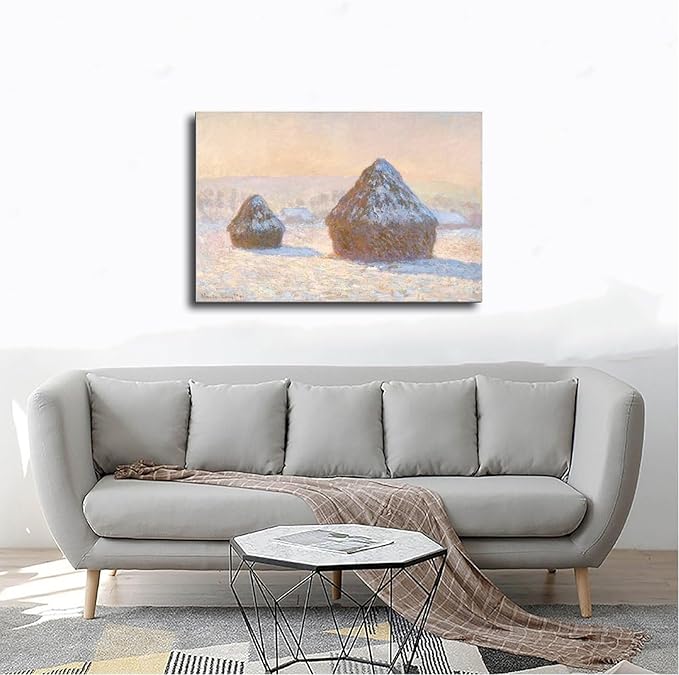 40+ Monet Famous Print Posters Wheatstacks, Snow Effect, Morning by Claude Monet Impressionism Canvas Posters Print Wall Art Bedroom Office Room Decor Gift Frame 24×36inch(60×90cm)