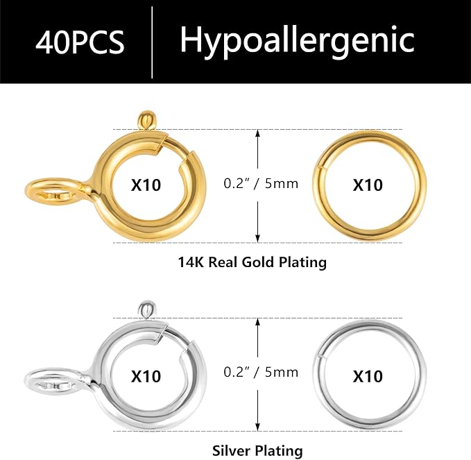 40 Pcs Necklace Bracelet Spring Clasps with Open Jump Rings Set 5mm Jewelry Connectors for Jewelry Making (5mm Gold and Silver Clasps)
