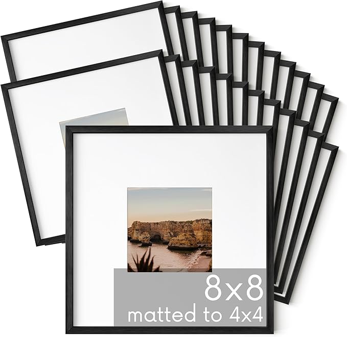 HAUS AND HUES 8x8 Black Metal Picture Frames Matted to 4x4 - Features Premium Aluminum & Hanging Hardware, Shatterproof Plexiglass - Ideal for Home, Room, Office (8x8 in, Black, Set of 25)