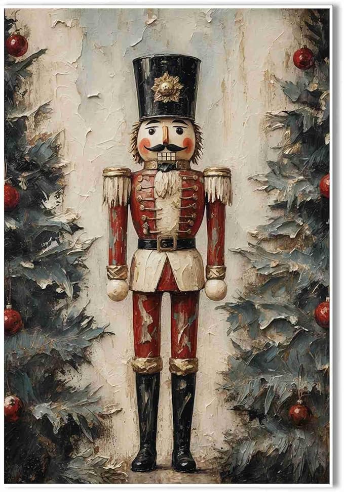 Nutcracker Soldier Vintage Christmas Art Holiday Doll Canvas Wall Art Traditional German Decor Red Uniform Soldier Prin Poster Indoor Decor for Home Offices Living Room Bedroom Dining Room farmhouse