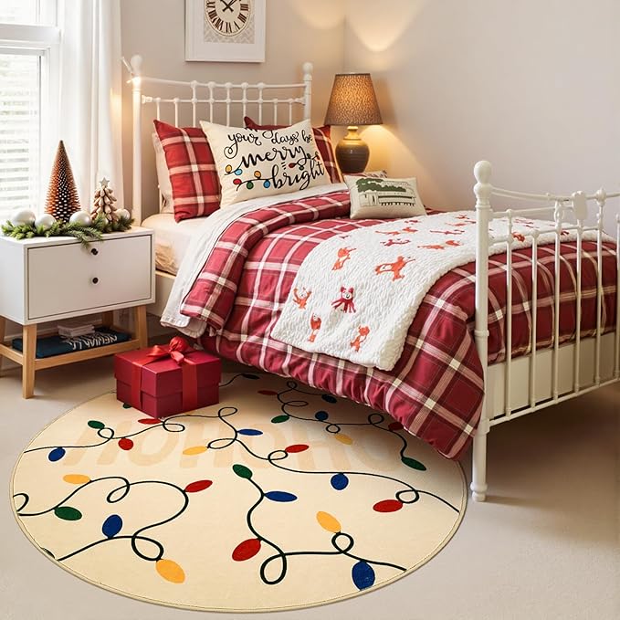 jinchan Jingle Lights Round Christmas Rug for Entryway Bedroom 4ft Beige Circle Holiday Rug for Living Room Colored String Lights Printed 4' Xmas Decor Washable Indoor Carpet for Foyer Non-Slip