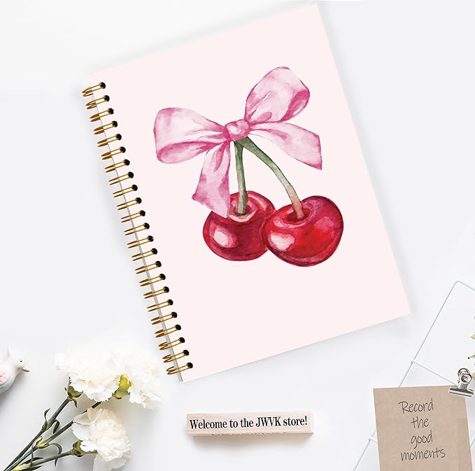Coquette Pink Bow Cherry Notebook, Pink Girly Spiral Notebook 5.5x8.3, Preppy Aesthetic Journal for Women, Coquette Girly Office Supplies, Preppy Gifts for Women, Spiral Journal