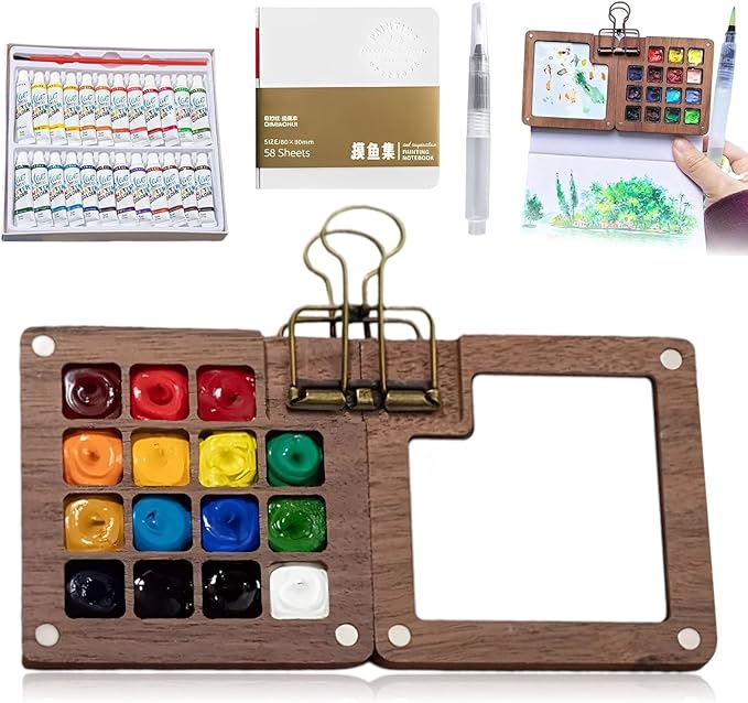 Mini Watercolor Set, Mini Watercolor Paint Sets, Mini Watercolor Travel Set, Mini Paint Palette Travel Kit, Pocket Artist Watercolors Travel Sets, Wooden Grid Paint Box (15 Grids)