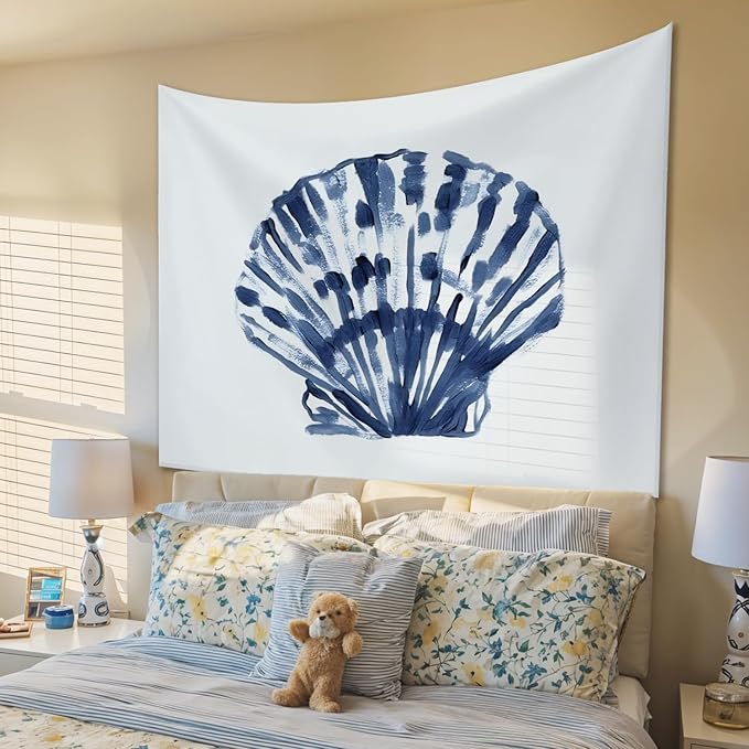 STHTTSW Coastal Tapestry, Coastal Room Decor Tapestries Wall Blanket, Blue Beachy Scallop Shell Seashell Wall Hanging Decor for Dorm Bedroom 50x60 Inch