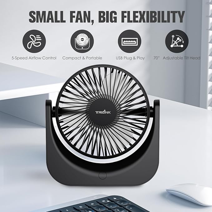 Small USB Desk Fan – 5-Speed Mini Table Fan with Adjustable Tilt, Ultra Quiet, USB Powered, Portable Cooling Fan for Home, Desktop, Bedroom, Bed, Office, Travel, and Camping (Black)