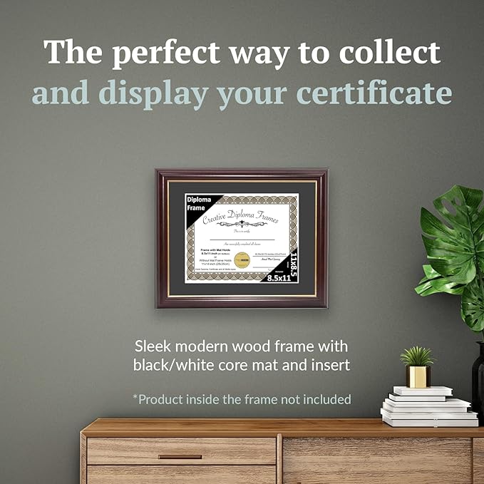 Creative Picture Frames 8.5x11 Mahogany Gold Rim Diploma Frame with Black Mat Glass Easel and Installed Wall Hangers | Frame Holds 11x14 Media without Mat