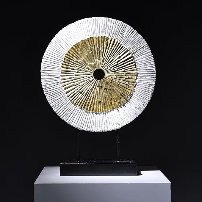 oliruim 12" Tall Abstract White Gold Round Sculpture - Unique Home Decoration for Above Cupboard Decor, Living Room Coffee Table, Console, Office, Entrance, Table Centerpieces (White Gold)