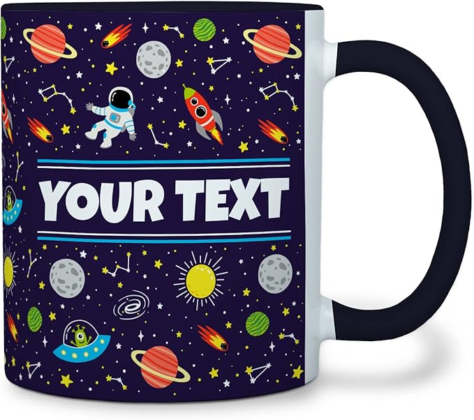 Personalized Mug for Kids - Outer Space - Custom Name/Text, Ceramic Hot Chocolate/Cocoa/Coffee Cup for Boys/Girls, Birthday/Christmas/Holiday Gift - 11 oz, Red Handle