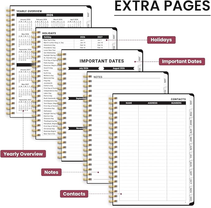 2026 Planner, Weekly and Monthly Calendar Planner for Women, Jan 2026 - Dec 2026, Hardcover Planning Agenda book with Tabs, Spiral Bound, Inner Pocket, Perfect for School Office Supplies, 6.3" x 8.5" - Dark Botanica