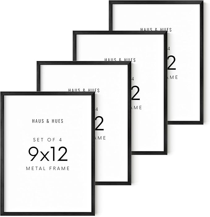 HAUS AND HUES 9x12 Black Metal Picture Frames - Features Premium Aluminum, Vertical & Horizontal Hang, Shatterproof Plexiglass - Ideal for Home, Room, Office (9x12 in, Black, Set of 4)