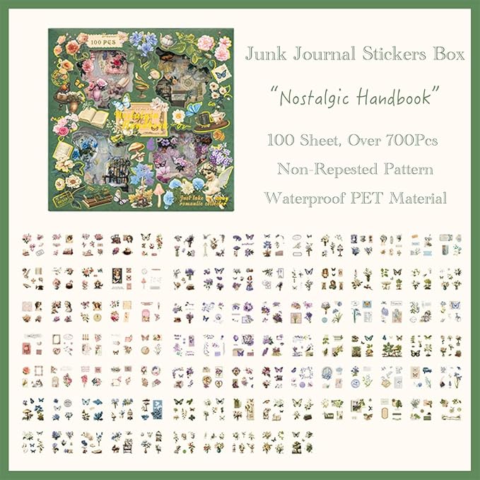 Vintage Nature Stickers for Junk Journal Supplies, 100Sheets/400Pcs Retro Flower Butterfly Plant Mushroom Decorative Stickers for Scrapbook, DIY Crafts Album Phone Cases Laptops Calendars Notebook