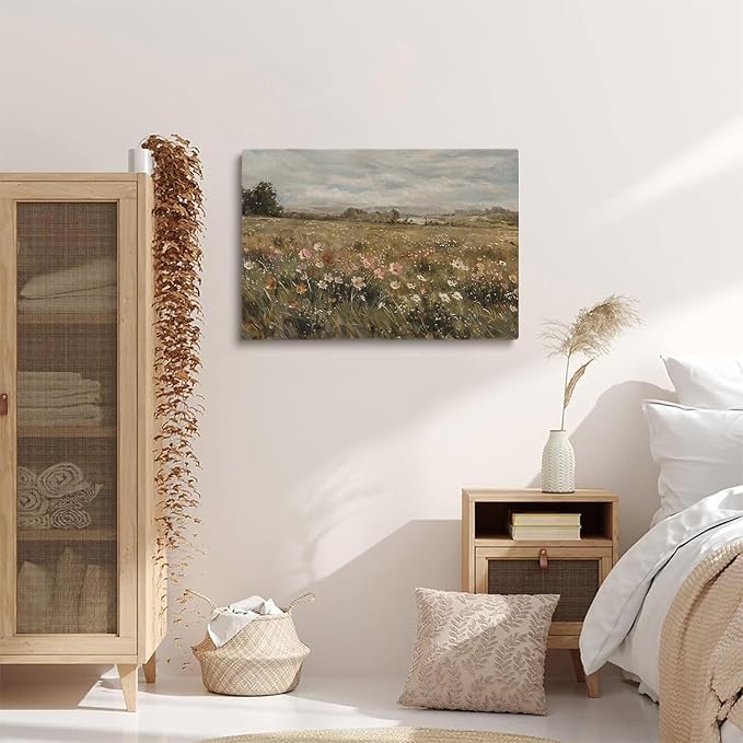 Large Botanical Landscape Wall Art-Large Wild Flower Art,Wildflower Field Vintage Landscape Print,Wild Flower Horizontal Art,Botanical Floral Panoramic Wall Art,Living Room Decor16x24 Framed