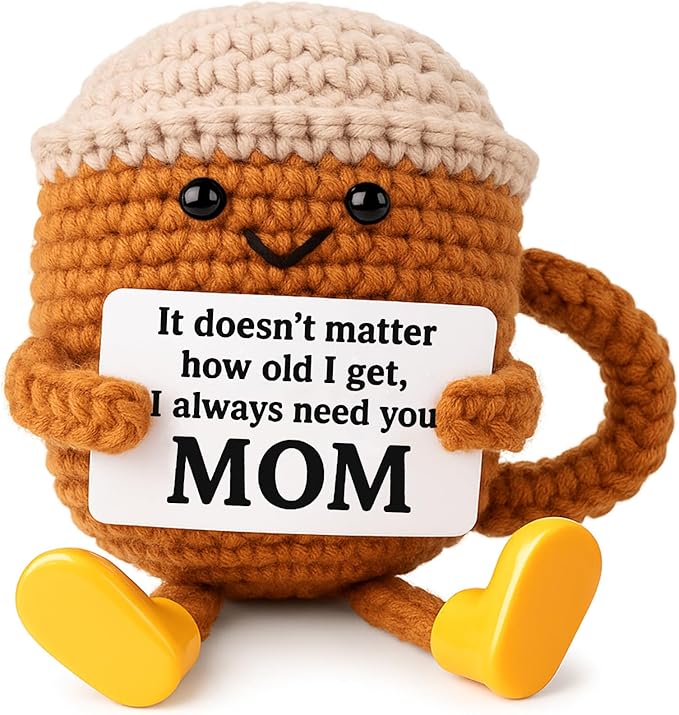 Christmas Birthday Gifts for Mom from Daughter Son Kids, Mothers Day Crochet Coffee Lover Gifts, Cute Funny Small Handmade Presents Meaningful Desk Decor
