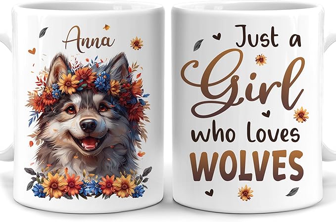 Hyturtle Personalized Cute Wolf Coffee Mug - Gift For Wolf Lover - Just A Girl Who Loves Wolves - Wolf Gift For Women - Animal Lover Gift - Birthday - Custom Name Coffee Cup Ceramic Mug 11oz - 15oz