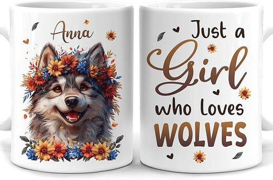 Hyturtle Personalized Cute Wolf Coffee Mug - Gift For Wolf Lover - Just A Girl Who Loves Wolves - Wolf Gift For Women - Animal Lover Gift - Birthday - Custom Name Coffee Cup Ceramic Mug 11oz - 15oz