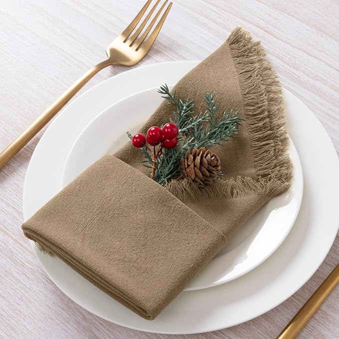 12 Pack Nude Cotton Linen Napkins with Fringe Spring Cloth Napkins Set of 12 Boho Handmade Dinner Napkins Bulk for Wedding Bridal Baby Shower Valentine's Day, 17 x 17 Inches