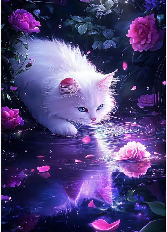 DPHERO White Cat Diamond Painting Kits for Beginners Adults,5D DIY Reflection Diamond Art Kits,Round Full Drill Dreamland Gem Art Crafts,DIY Painting by Numbers for Home Wall Decor 12x16 inch